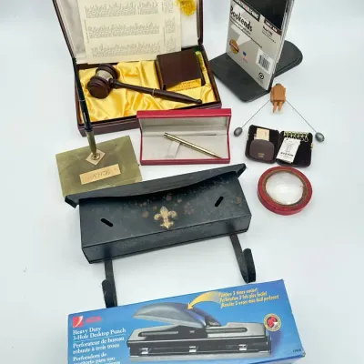 Sheaffer Pen, ACCO 3-Hole Punch, Steelmaster Bookends, Commemorative Gavel & Desk Accessory 