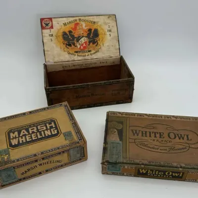 Wooden Cigar Boxes Trio Marion Booster, Marsh Wheeling,White Owl