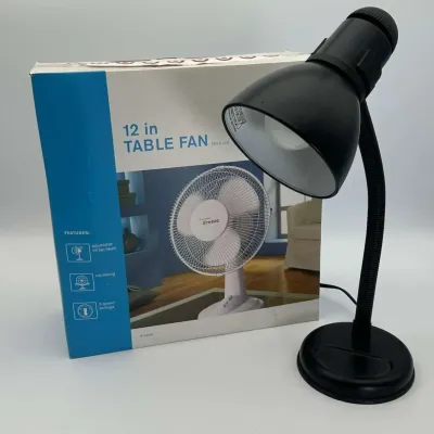 Hawaiian Breeze 12 Inch Table Fan and Black Desk Lamp