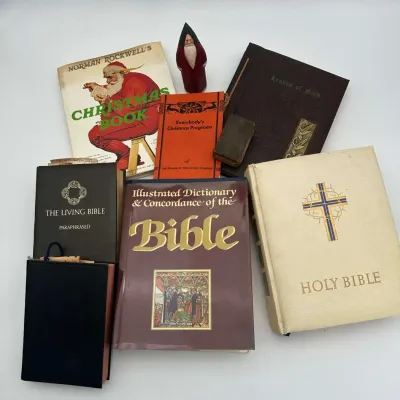 Bibles, Religious Books & Norman Rockwell Christmas Collection with Wooden Santa