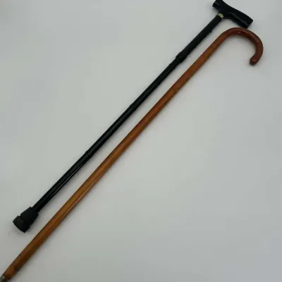 Wooden Curved Crook Handle Cane & Black Adjustable Metal Walking Cane, 2-Piece Set