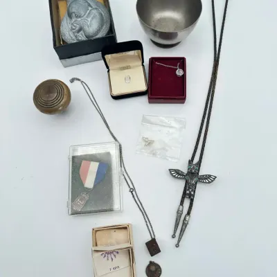 Southwestern Totem Bolo Tie, Pendant Necklaces, Chorus Medal, Madonna and Child Plaque & Metal Keeps
