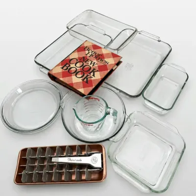 Pyrex Glass Bakeware, Measuring Cup, GE Ice Tray & Cookbook