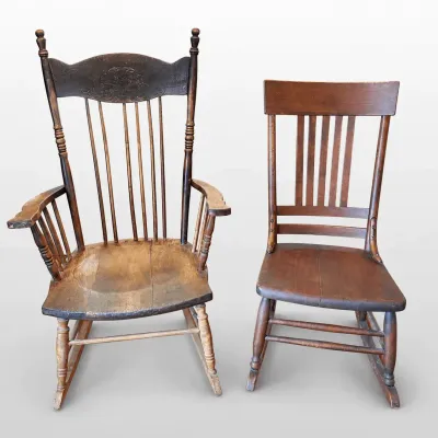 Wood Rocking Chairs Pressed Back Spindle and Slat Back Pair