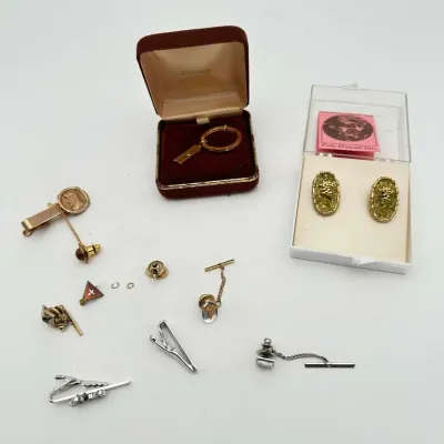 Assorted Men’s Tie Clips, Tie Tacks, Lapel Pins, JCPenney Key Ring & Pele Hawaii Earrings