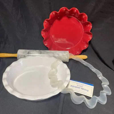 William-Sonoma Emile Henry Deep Ruffled Pie Dish & Marble Rolling Pin