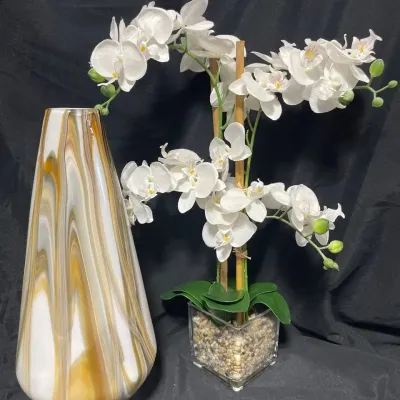 Glass Vessel &  Artificial Multi White Orchid 