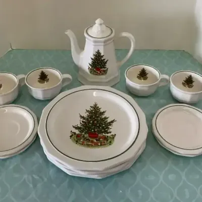 Christmas Tree Train Pattern Teapot And Dishes