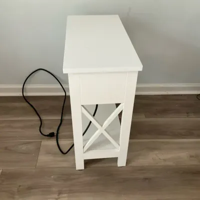 White Narrow End Table With Built-in Power Outlets