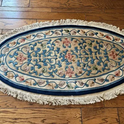Oval Floral Area Rug | Blue, Cream & Pastel Botanical Design | Fringed Edge
