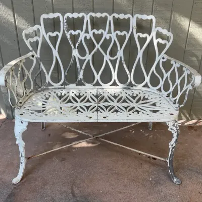 Cast Aluminum Garden Bench | Ornate Heart & Floral Design | White Painted Finish