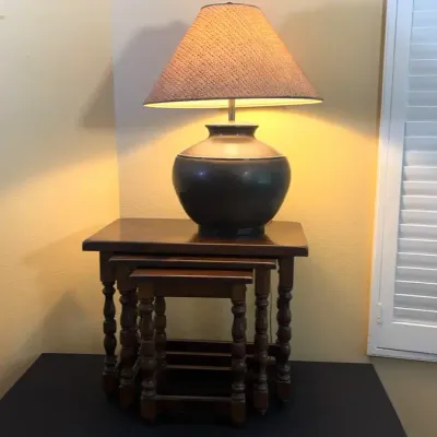 Set of 3 Wood Nesting Tables & Hammered Brass Table Lamp | Traditional Decor
