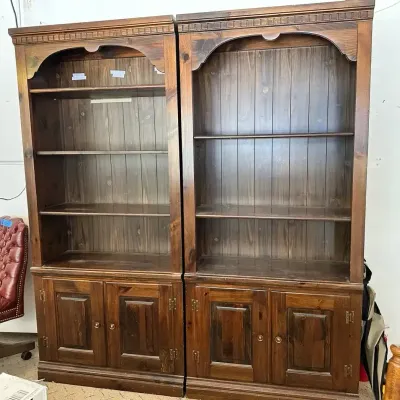 Pair of Vintage Wood Bookcases | Open Shelves & Lower Cabinet Storage