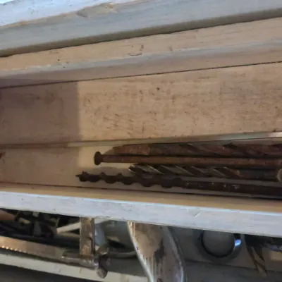 Vintage wood crate toolbox with drawer and an assortment of old tools