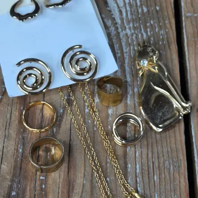 Ladie's Necklaces, cat pin, rings and earrings - Gold toned