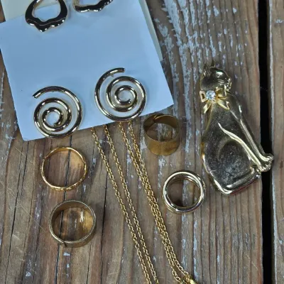 Ladie's Necklaces, cat pin, rings and earrings - Gold toned