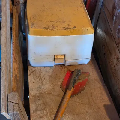 Montgomery Ward Tote lite composting toilet bowl and a folding shovel - great prepping item