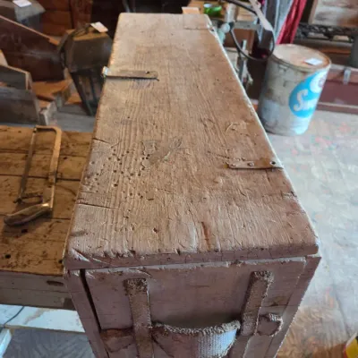 Vintage wood crate toolbox with drawer and an assortment of old tools