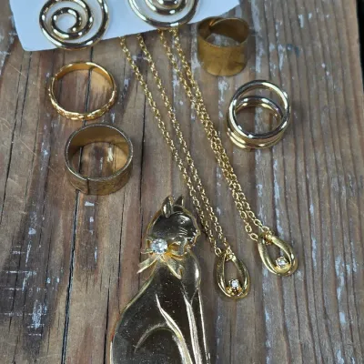 Ladie's Necklaces, cat pin, rings and earrings - Gold toned