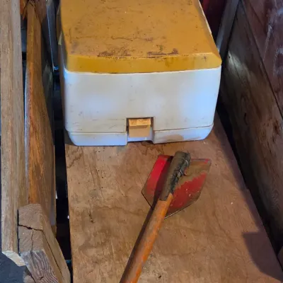 Montgomery Ward Tote lite composting toilet bowl and a folding shovel - great prepping item