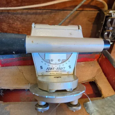 Vintage Mongomery Ward Powr-Kraft Model 84-6460 Transit Level with wooden survey rod