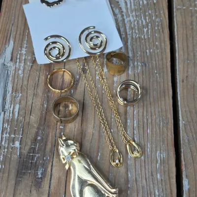 Ladie's Necklaces, cat pin, rings and earrings - Gold toned