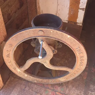 Antique Root-Heath Mfg. Co. "Korn King" No. 2 cast iron grist and corn mill, featuring a hand-crank flywheel marked with...