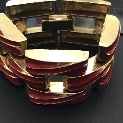 Bracelet Panel link Enamel Vintage Red Gold Tone