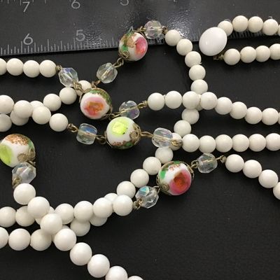 Beautiful, vintage White Milk Glass LAMPWORK Style Beads With White Faux and Crystal Necklace