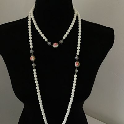 Beautiful, vintage White Milk Glass LAMPWORK Style Beads With White Faux and Crystal Necklace