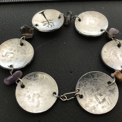 Amethyst Coin like Vintage Bracelet Silver Tone