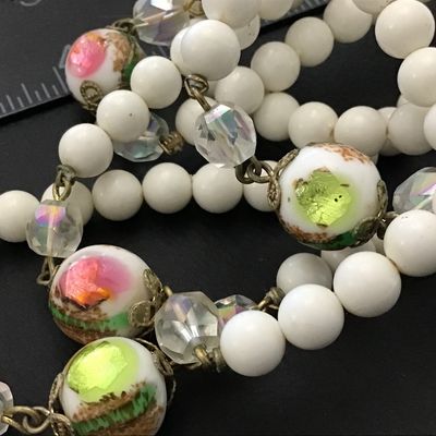 Beautiful, vintage White Milk Glass LAMPWORK Style Beads With White Faux and Crystal Necklace