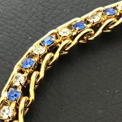 Beautiful Gold Tone Blue and Clear Rhinestone Tennis Bracelet
