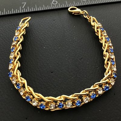 Beautiful Gold Tone Blue and Clear Rhinestone Tennis Bracelet