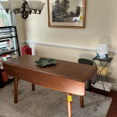 Drop-leaf Harvest table, framed art, small Coca Cola cooler. etc.