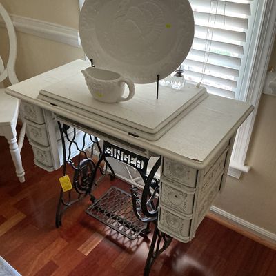 Singer sewing machine cabinet, large turkey platter & gravy bowl