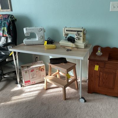 Sale Photo Thumbnail #45: Small oak dry sink, ikea step stool, adjustable table, sewing machines