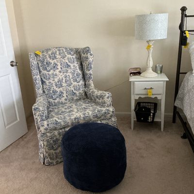 Sale Photo Thumbnail #29: Wingback chair with slip cover, round ottoman, white table & lamp