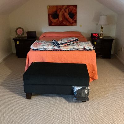 Queen bed frame with mattress & boxed springs, linens, storage ottoman bench
