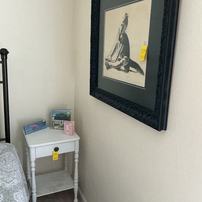 Sale Photo Thumbnail #32: Black framed art 81/250 signed Vonnie Whitworth, small white table