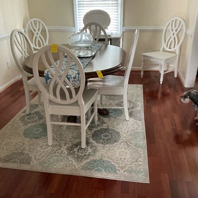 Oak pedestal claw foot table with 1 leaf, 6 white painted chairs
