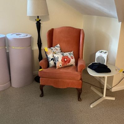 Bombay Co. floor lamp, wingback chair, twin foam mattress pads