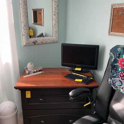 Sale Photo Thumbnail #46: File cabinet (antique black/rustic cherry top), framed mirror, office chair with cover