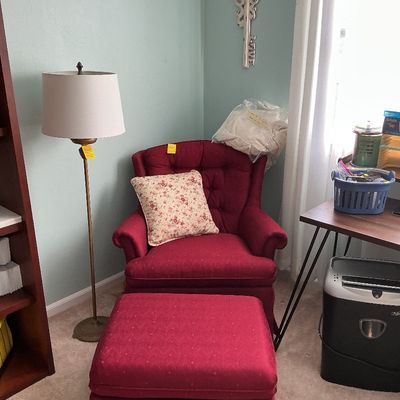 Sale Photo Thumbnail #48: Upholstered chair and ottoman, floor lamp, etc.