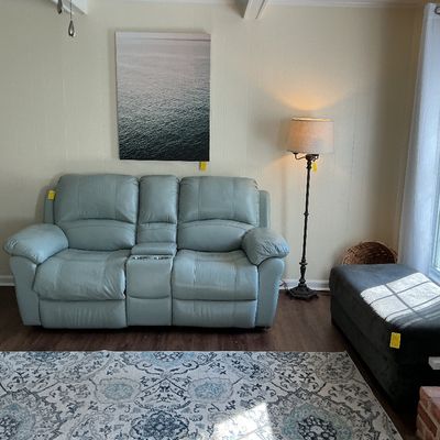 Sale Photo Thumbnail #26: Vercelli power love seat with console, ottoman/bench, vintage floor lamp, canvas art