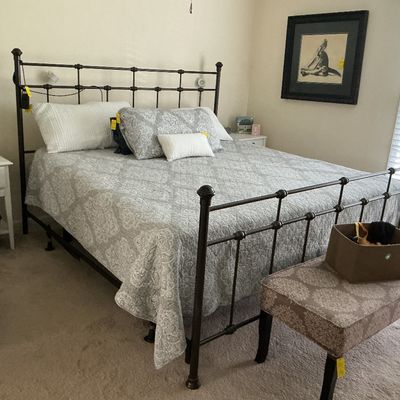 Sale Photo Thumbnail #28: King adjustable bed, upholstered bench, linens, framed art