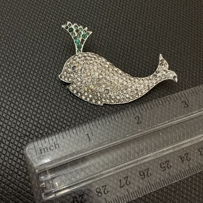 Vintage Rhinestone Whale Brooch Pin with Green Water Spout Detail
