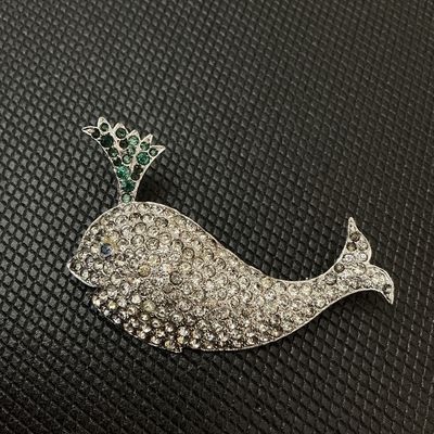 Vintage Rhinestone Whale Brooch Pin with Green Water Spout Detail