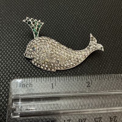 Vintage Rhinestone Whale Brooch Pin with Green Water Spout Detail