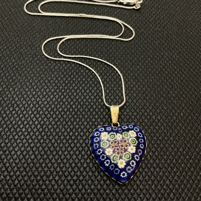 Vintage Murano Millefiori Glass Double sided Heart Pendant Necklace 925 Silver necklace